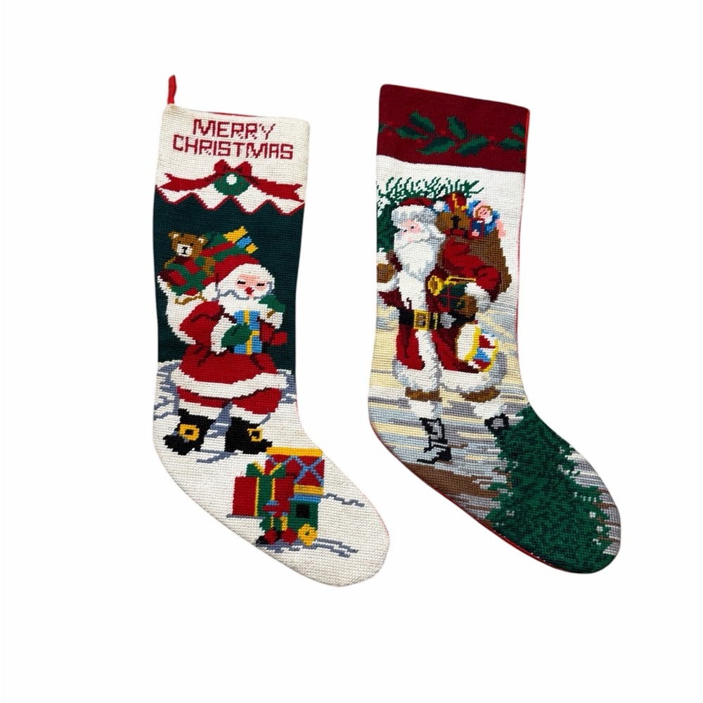 🎅 Vintage Needlepoint Christmas Stockings (Set of 2) Grannycore Holiday Decor 🧶